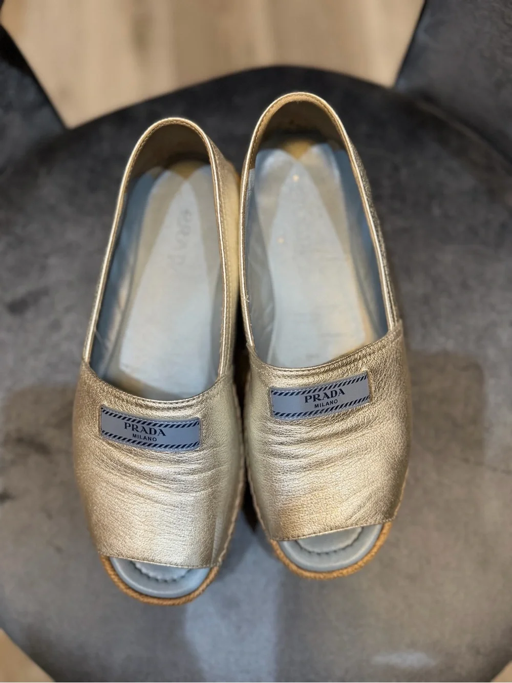 Prada Metallic Silver Leather Open-Toe Espadrille Flats 39.5.